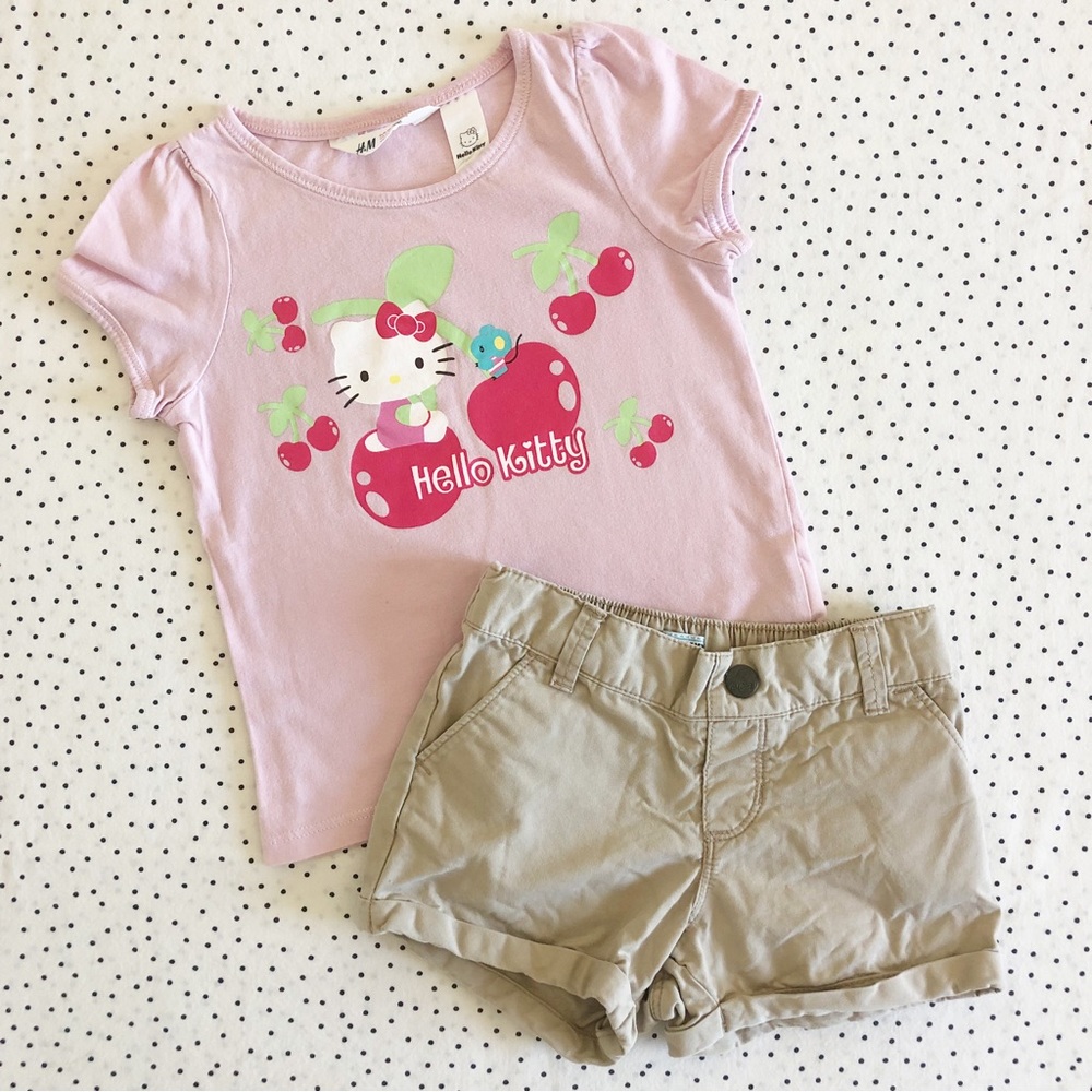 Cute Set of Hello Kitty T-Shirt by H&M Khaki Shorts by Old Navy Size 3T